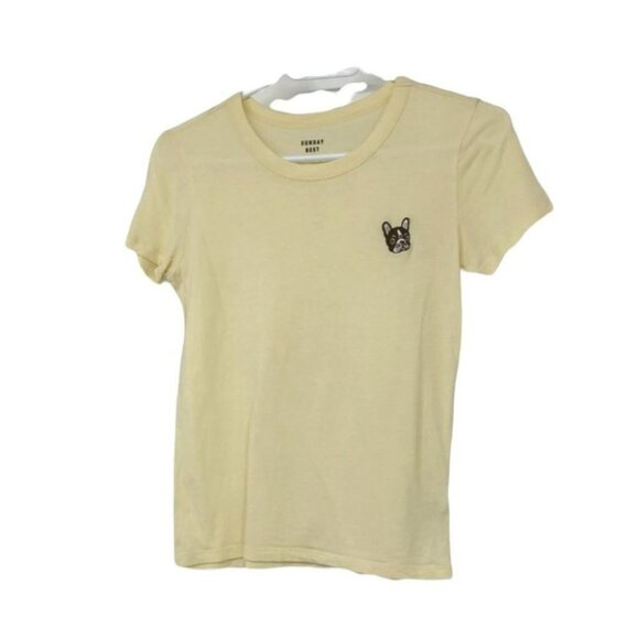 Aritzia Sunday Best Candy crewneck pastel yellow t-shirt Bulldog patch - Picture 3 of 16